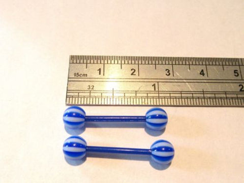Blue Candy Stripe Balls No Metal Sensitive Allergy Hospital Retainers Nipple 14 gauge 14g Bioplast - I Love My Piercings!