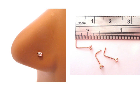 18k Rose Gold Plated Nose Studs 2.5 mm Clear CZ Crystal L Shape Bent 22 gauge - I Love My Piercings!