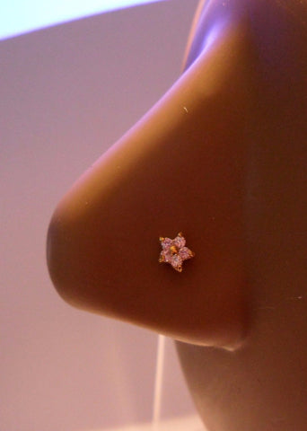 14K Yellow Gold Claw Set Pronged Clear CZ Flower Nose Jewelry Screw 20 gauge - I Love My Piercings!