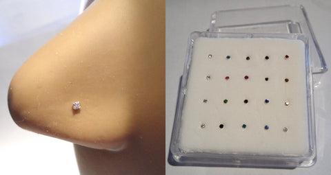 20 Sterling Silver 1.5 mm CZ Crystals L Shape Nose Studs 22 gauge with Display - I Love My Piercings!
