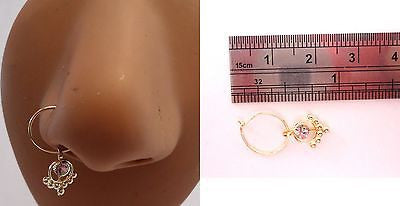 Gold Plated India Style Clear Crystal Fancy Dangle Nose Hoop 22 gauge 22g - I Love My Piercings!