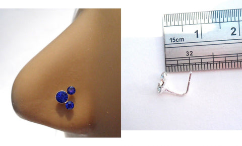Sterling Silver Nose Stud Ring L Shape Pin Triple Blue CZ Crystals 20 gauge 20g - I Love My Piercings!