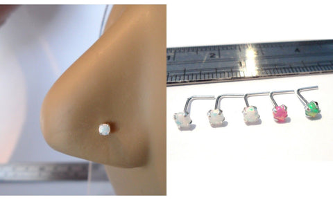 Sterling Silver Pronged Opal Nose Studs Thin Pins L Shape Bent 22 gauge 22g - I Love My Piercings!