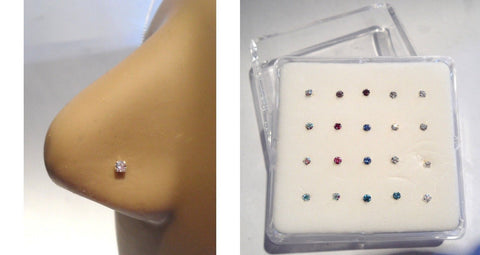 20 Pc Sterling Silver 2 mm cz Crystal L Shape Nose Studs 22 gauge with Display - I Love My Piercings!