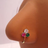 Gold Plated India Style Clear Emerald Green Pink Crystal Flower Nose Cuff Clip - I Love My Piercings!