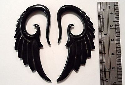Black Horn Fancy ANGEL WINGS Detailed on both sides Handmade 6 gauge 6g - I Love My Piercings!