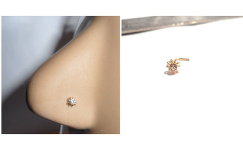 10K Gold Coiled  cz Crystal Flower L Shape Nose Pin Stud 22 gauge 22g - I Love My Piercings!