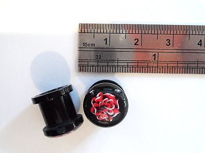 2 pieces Black Acrylic Tribal Red Rose Screw Back Plugs Tunnels 00 gauge 00g - I Love My Piercings!