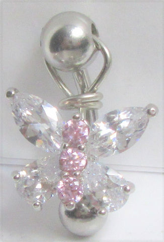 Surgical Steel Butterfly Clear Pink Crystal CZ Gem Dangle VCH Vertical Clit Clitoral Hood Ring 14g - I Love My Piercings!