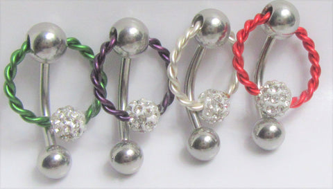 Surgical Steel Twisted Hoop with Crystal Ball VCH Jewelry Vertical Clitoral Clit Hood Barbell Ring 14G - I Love My Piercings!