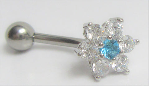 Surgical Steel Clear Aqua Gem Flower Internally Threaded VCH Vertical Clitoral Hoop Post Curved Bar 14G - I Love My Piercings!