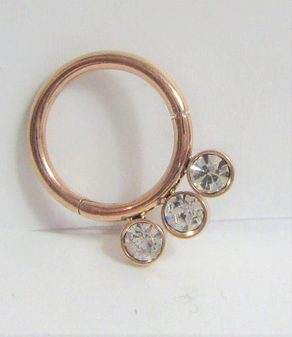 18K Rose Gold Plated 8 mm Triple Crystal Hinged Seamless Cartilage Daith Hoop 16 gauge - I Love My Piercings!