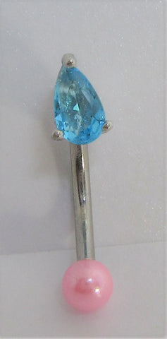 Surgical Steel Small Blue Drop Crystal Pink Pearl VCH Hood Clit Ring Bar 16 gauge 16g - I Love My Piercings!