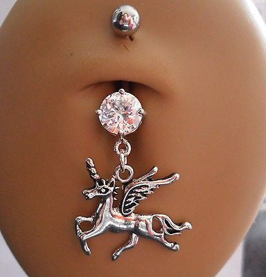 Surgical Steel Belly Fancy Dangle Clear Unicorn Crystal Ring 14 gauge 14g - I Love My Piercings!