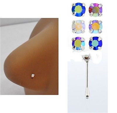 6 Piece Sterling Silver Crystal Nose Bones Straight Ball End Ring 22 gauge 22g - I Love My Piercings!