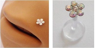 Bioplast CRYSTAL Flower Lip Stud Ring Post Gem CZ 16 gauge 16g AB Gem CZ - I Love My Piercings!