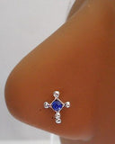 Sterling Silver Nose Stud Pin Ring L Shape Crystal Cross 20g 20 gauge Blue - I Love My Piercings!