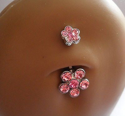 Surgical Steel Curved Barbell Belly Ring Double Flower Pink 14 gauge 14g