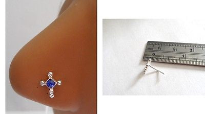 Sterling Silver Nose Stud Pin Ring L Shape Crystal Cross 20g 20 gauge Blue - I Love My Piercings!