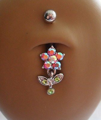 Surgical Steel Curved Barbell Belly Ring Flower Iridescent Dangle 14 gauge 14g